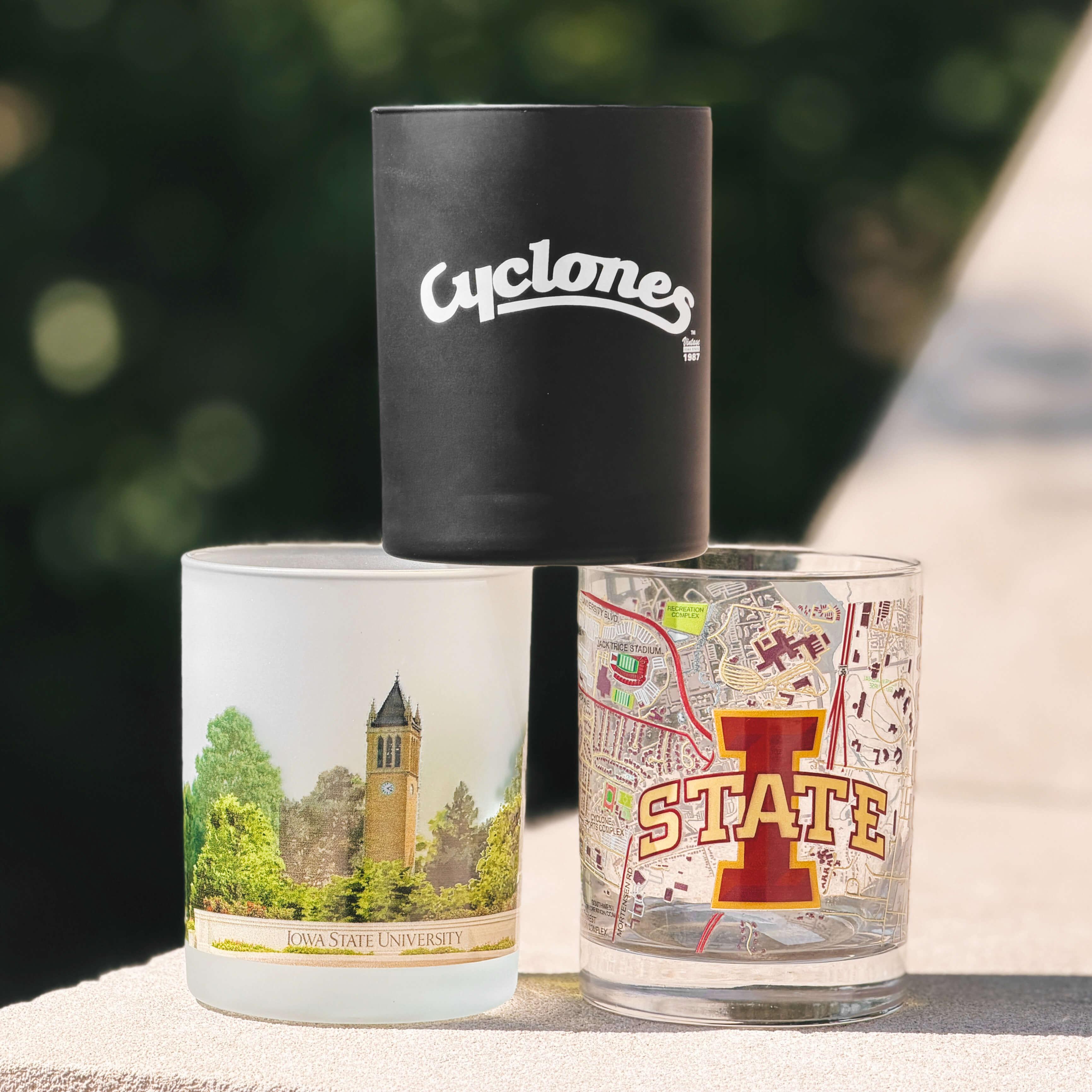 A photo showing three Iowa State Rock Glasses tacked together into a pyramid formation.